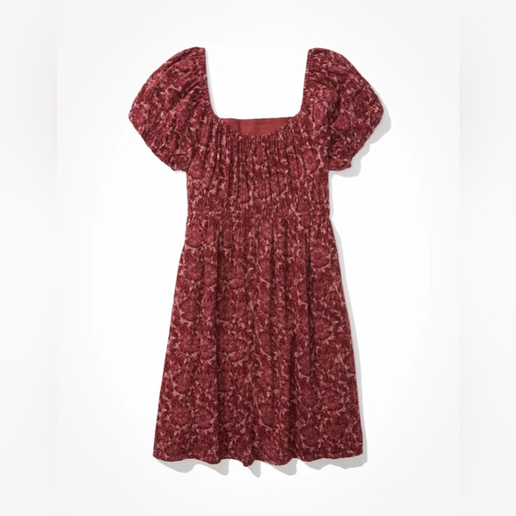 American Eagle Puff-Sleeve Babydoll Mini Dress in Maroon - Size Medium - Picture 5 of 5